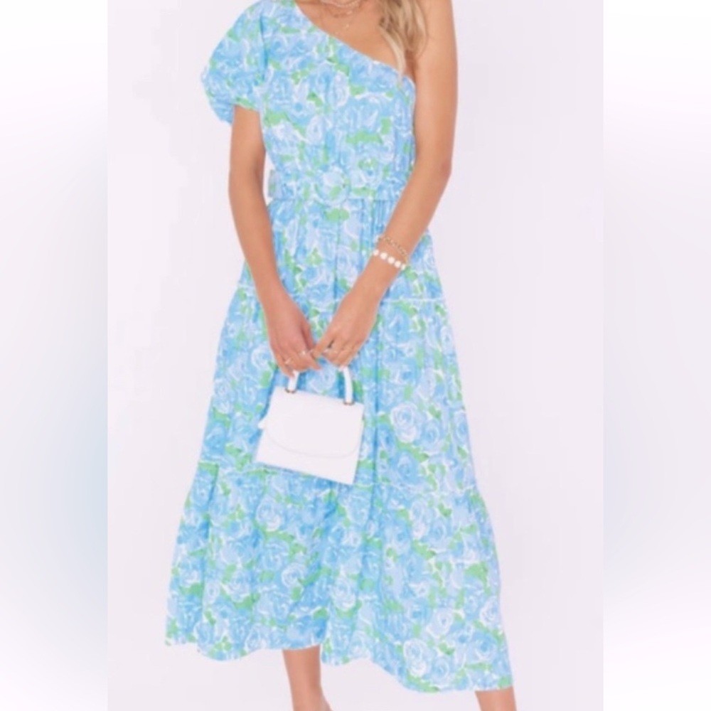 Show me your mumu deluca midi dress S worn 1x blue romantic floral one shoulder